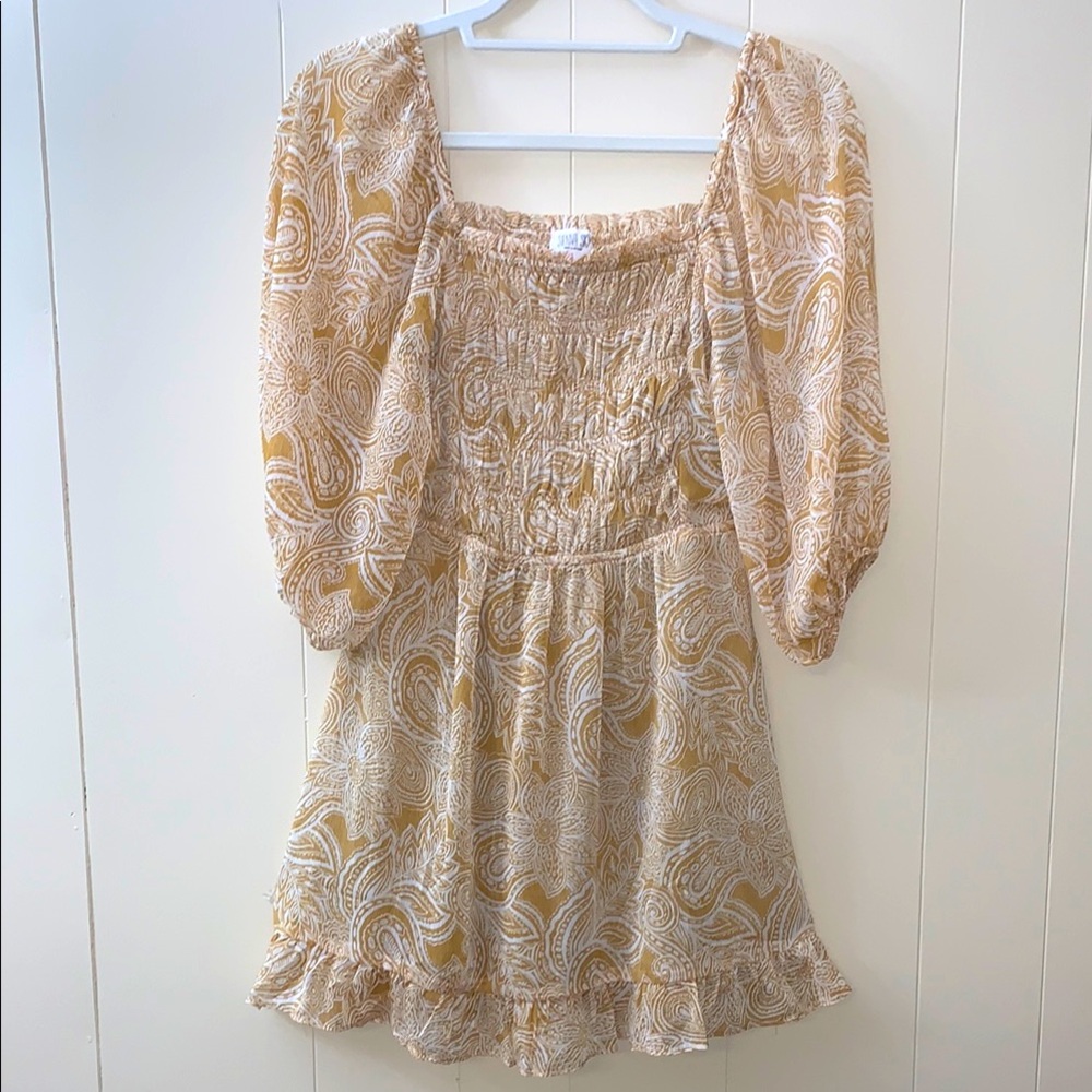 Sienna Sky Gold and Cream Dress Size Small Smocked Front and Back Short Dress